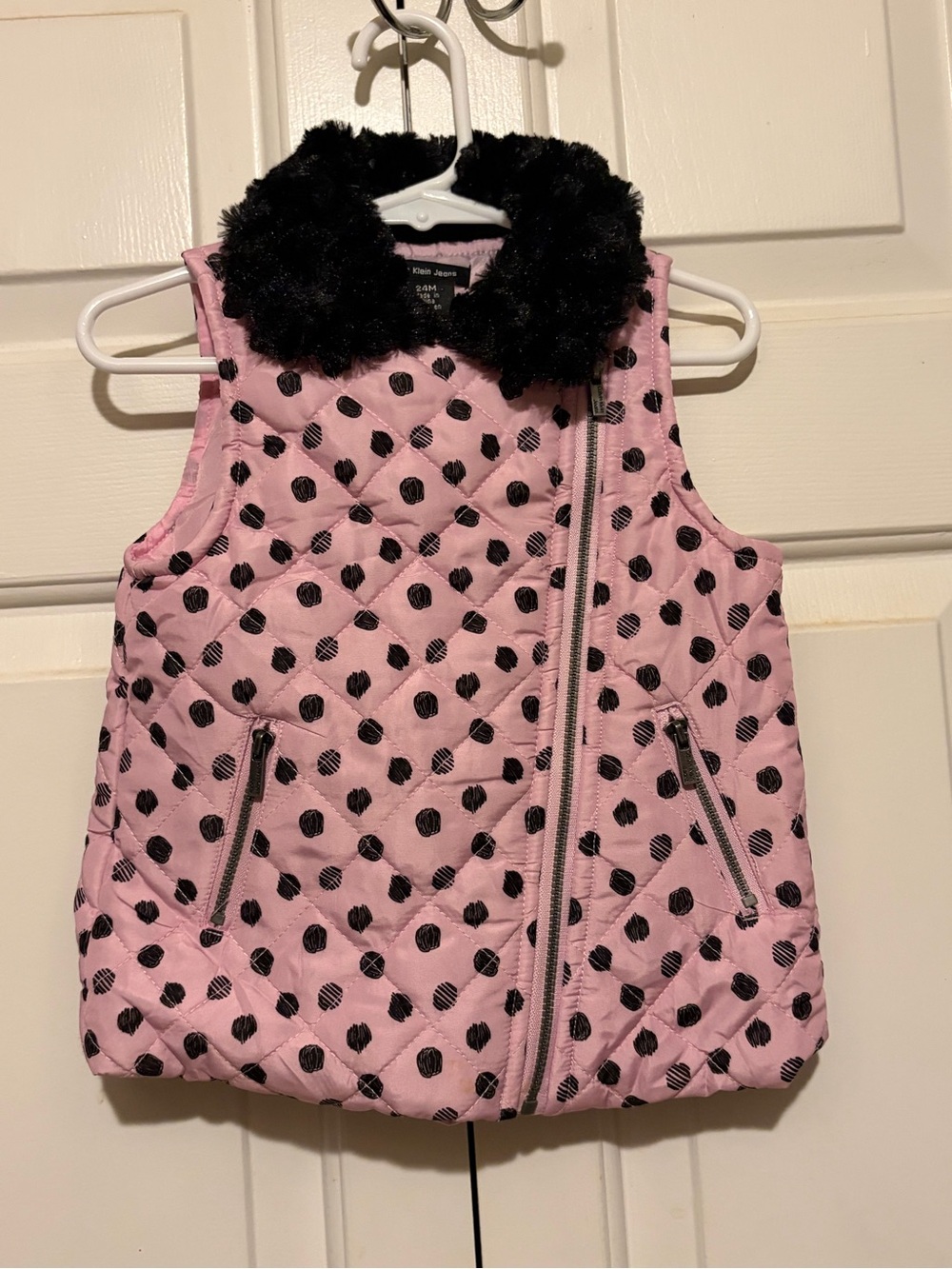 Calvin Klein Jeans Pink Polka Dot Quilted Vest with Black Faux-Fur Collar